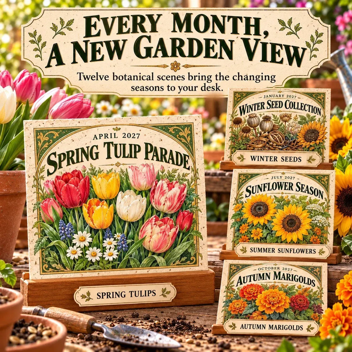 ⏰BLACK FRIDAY FLASH SALE 50% OFF🌱 2027 Heirloom Garden Plantable Seed Calendar | 12 Plantable Months with Vintage Botanical Art & Wooden Stand 🌼