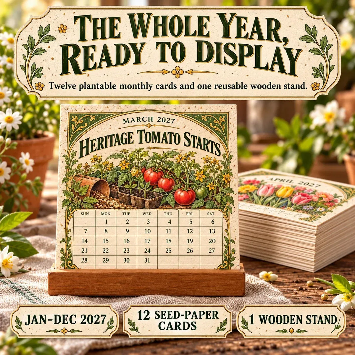 ⏰BLACK FRIDAY FLASH SALE 50% OFF🌱 2027 Heirloom Garden Plantable Seed Calendar | 12 Plantable Months with Vintage Botanical Art & Wooden Stand 🌼