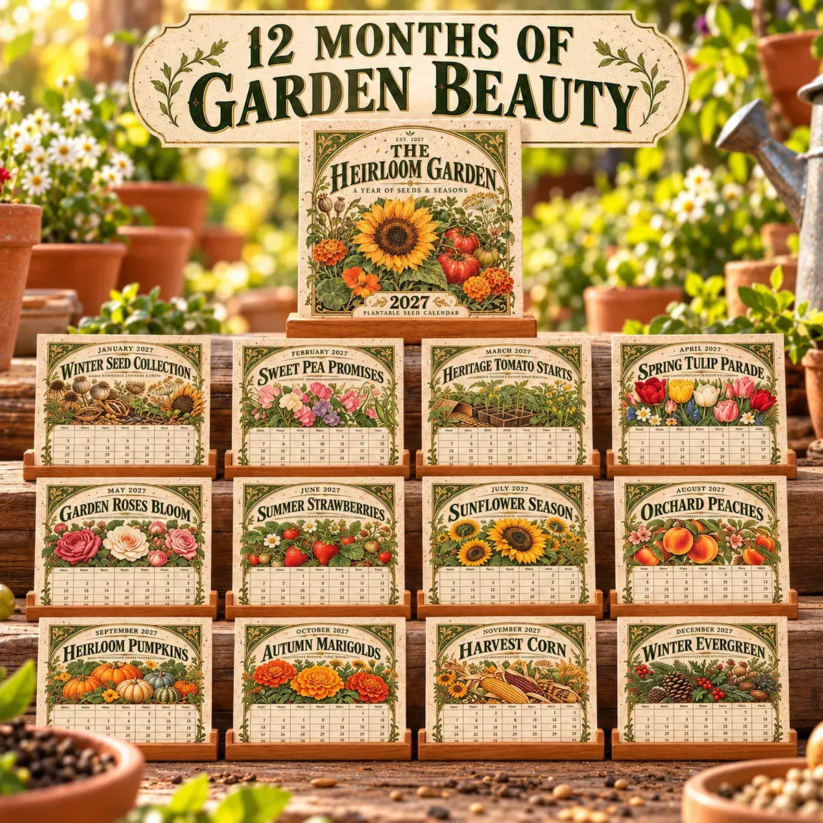 ⏰BLACK FRIDAY FLASH SALE 50% OFF🌱 2027 Heirloom Garden Plantable Seed Calendar | 12 Plantable Months with Vintage Botanical Art & Wooden Stand 🌼